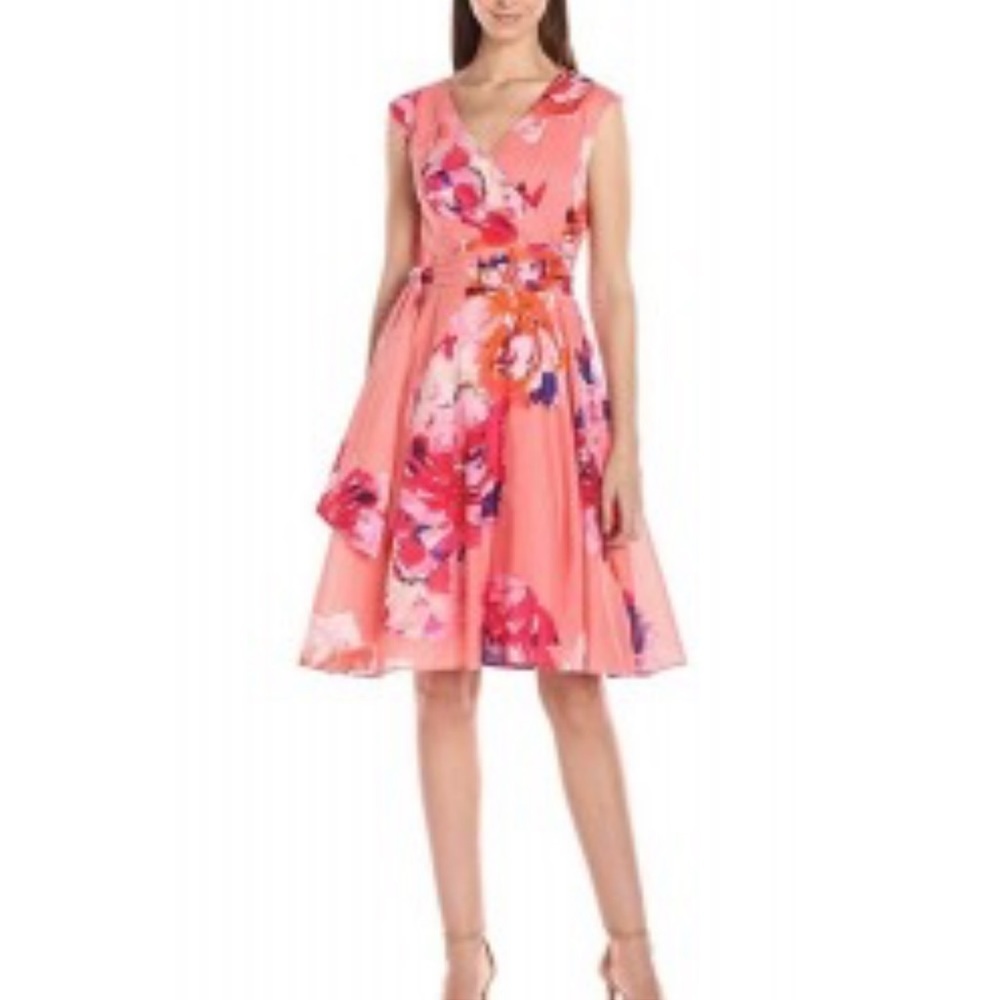 Calvin Klein Cap Sleeve Fit & Flare Floral Print Coral Party Dress Size 4